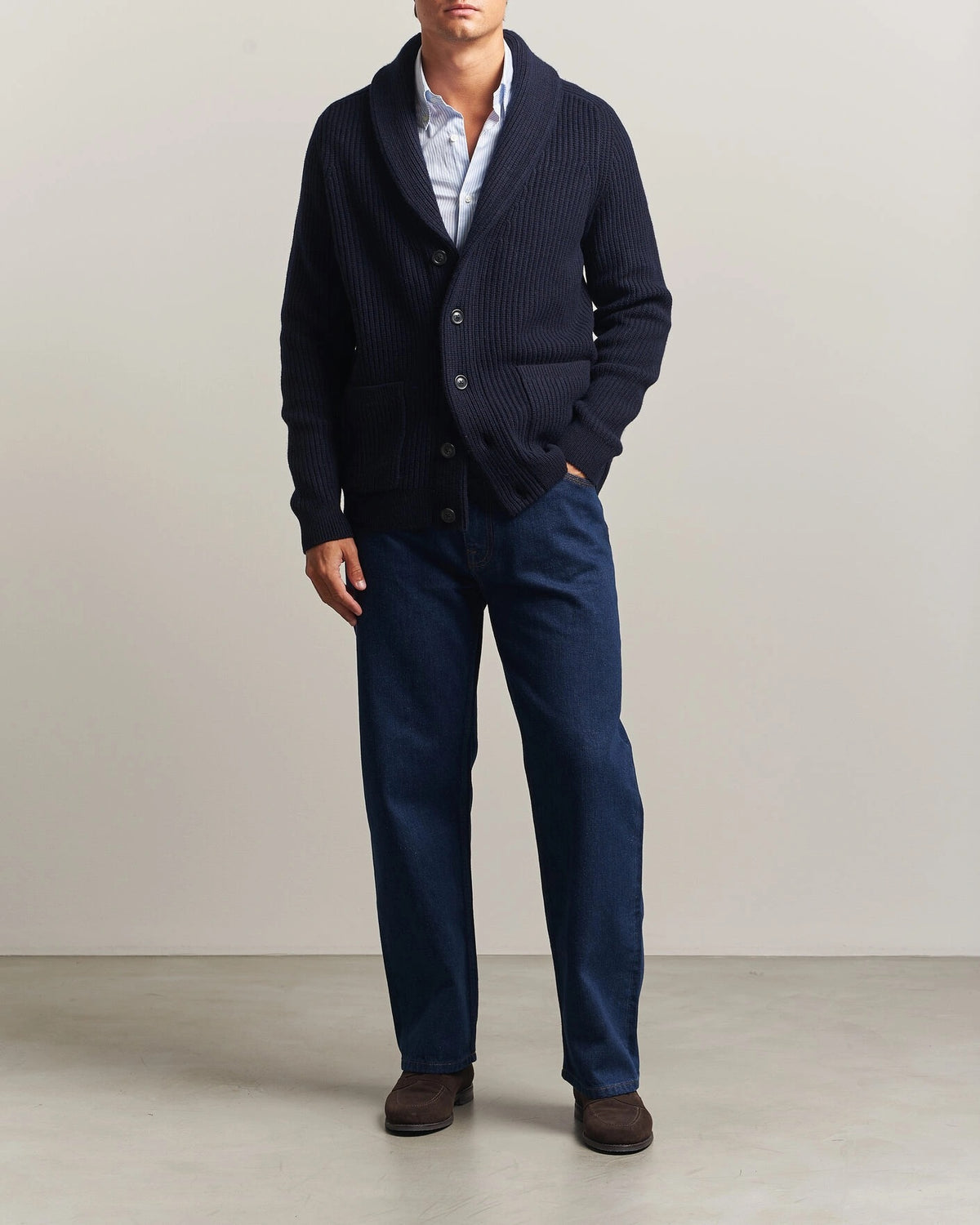 Ribbed Wool Blend Shawl Cardigan