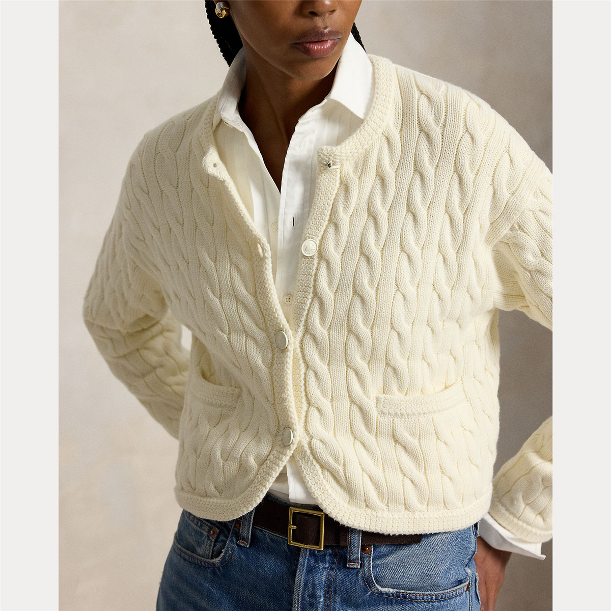 Cable-Knit Cotton Blend Cardigan