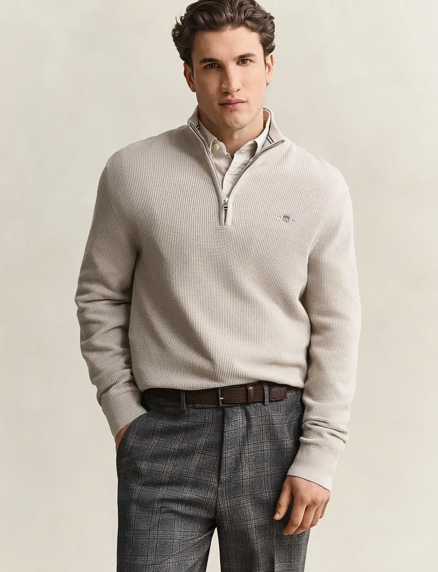 Waffle Knit Half-Zip Sweater