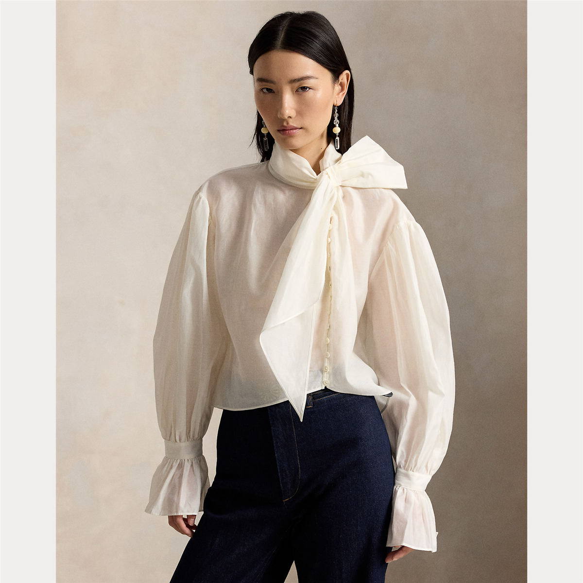 Tie-Bow Organdy Shirt