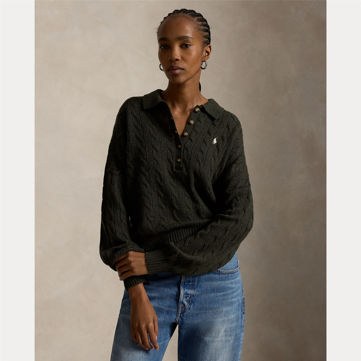 Cable Wool Cashmere Polo Collar Jumper